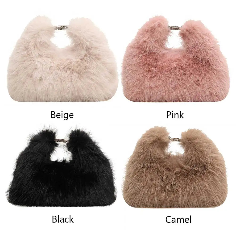 Women Faux Fur Shoulder Bag Adjustable Strap Fluffy Crossbody Bag Solid Color Clutch Purse for Travel Party