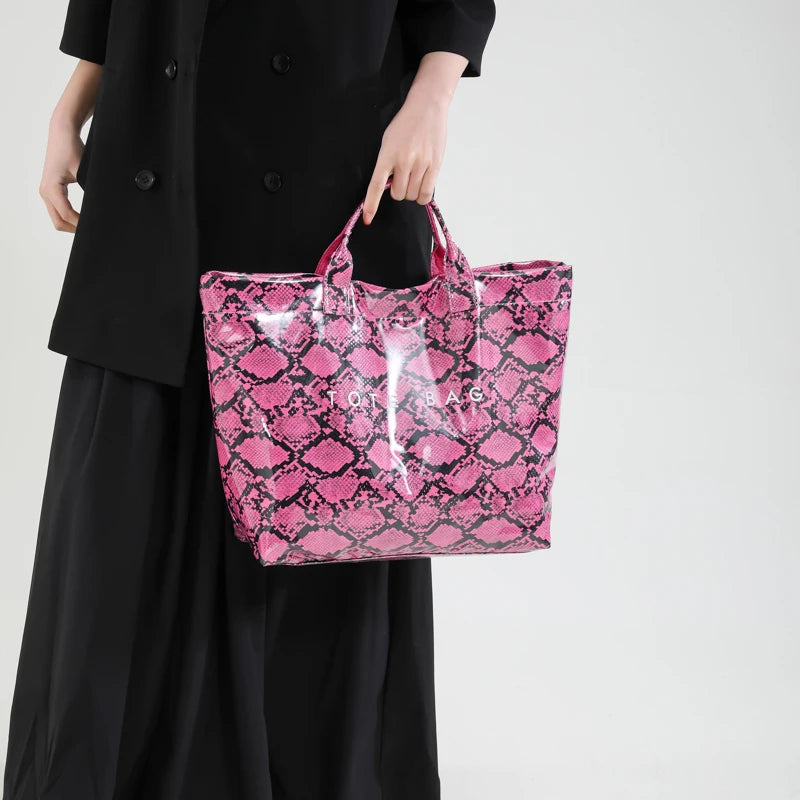 Women PU Handbag Fashion Handheld Bag Large Capacity Shopping Bag Snake Pattern Commuting Bag Waterproof Chic Hobo Bag