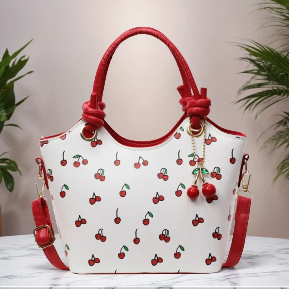 PU Leather Bucket Fashion Shoulder Bag for Women Girls Cherry Printed Crossbody Bag Trendy Top-handle Bag with Adjustable Strap